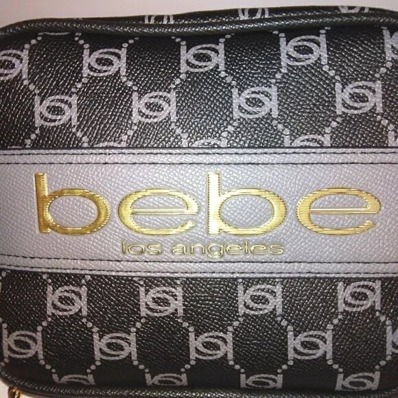 BEBE BLACK & GRAY GOLD MONOGRAM LEATHER CAMERA BAG CROSSBODY PURSE - NWT - Picture 3 of 12